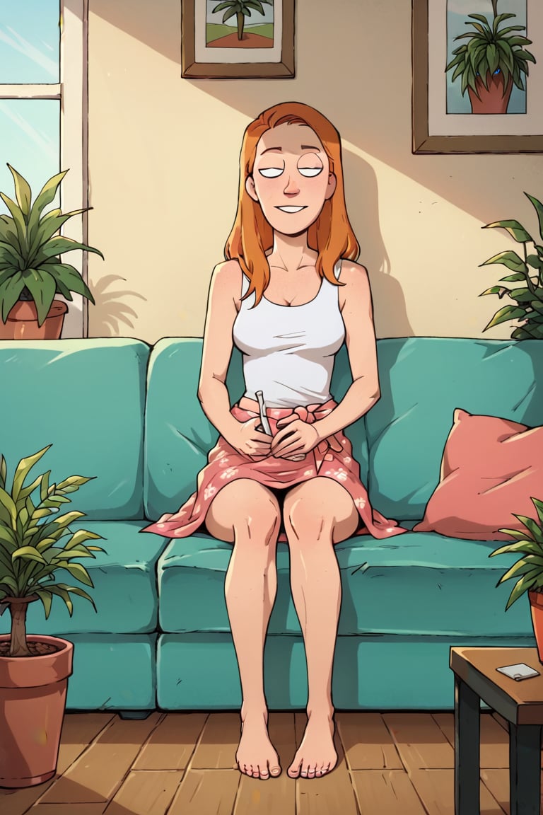 score_9, score_8_up, score_7_up, score_6_up,   marijuana, plant, leaf, potted plant, 1girl, couch, sitting, long hair, ginger hair,   420, bong, summer.smith