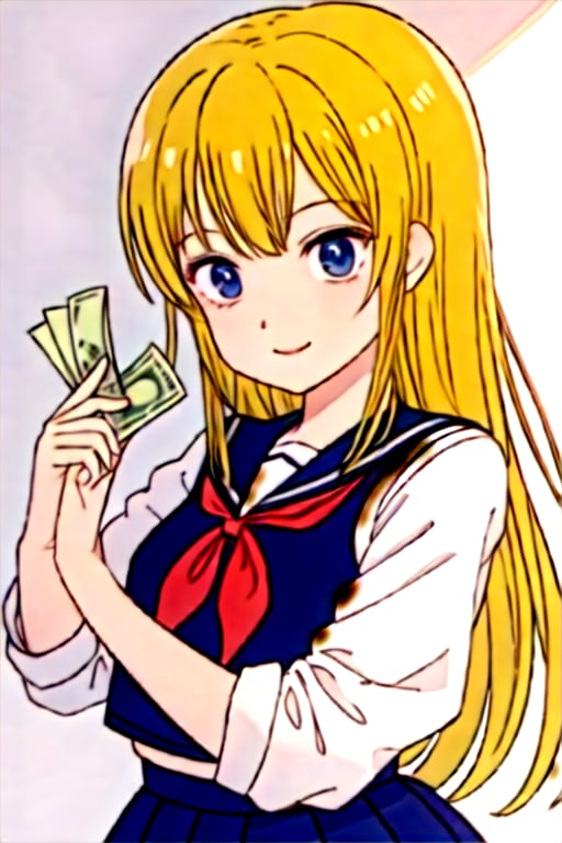 masterpiece, best quality, (anime screenshot), Hibari, model, 1boy, blue eyes, slender, smile, long hair, blonde hair, shirt, serafuku, skirt, school uniform, smiling, cute pose, money, vest , holding, holding money, upper body, best quality, RAW photo, subject, 8k uhd, high quality, dark-skinned man,