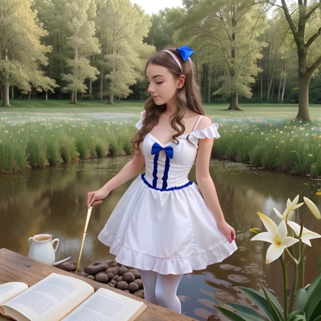 (alice in wonderland), baroque, cute, colorful fantastic, outdoors (forest), (depth of field: 1.25), (alone), (1 girl), ((golden hair)), ([messy] long hair), (hairband with bow), blue eyes, bow, maid dress (blue+white), white pantyhose, (dramatic angle: 1.2), looking to side, books, clock, teapot, [plate], coffee cup, floating, lily (flower),(dessert:1.2),flower meadows, (ultra-detailed:1.2),(illustration:1.25) ,MagicPerez