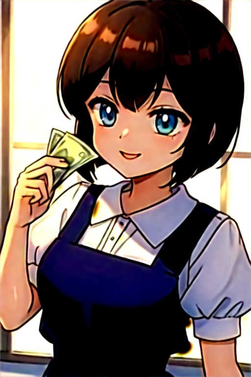 masterpiece, best quality, (anime screenshot), smiling, cute pose, money, vest , holding, holding money, upper body, best quality, RAW photo, subject, 8k uhd, high quality, dark-skinned man,TendouNabiki, School_uniform_Blue_pinafore_dress_Puffy_sleeves_white_collared_shirt_Blue_back_bow