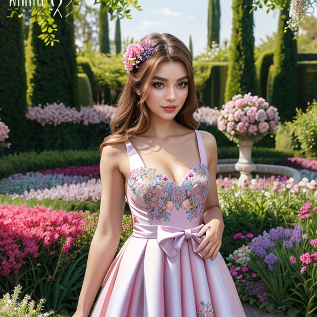 Generate hyper realistic image of a woman in a couture garden party dress in pastel hues, the intricate floral patterns matching the vibrant blooms around her. Place her in an enchanting botanical garden, exuding sophistication.((upper body)),1 girl,kimyojung,Maestrajpg000 