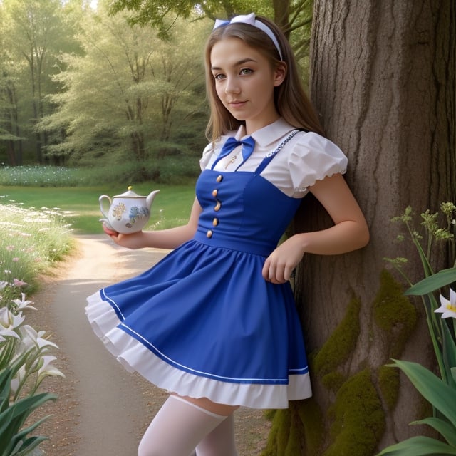 (alice in wonderland), baroque, cute, colorful fantastic, outdoors (forest), (depth of field: 1.25), (alone), (1 girl), ((golden hair)), ([messy] long hair), (hairband with bow), blue eyes, bow, maid dress (blue+white), white pantyhose, (dramatic angle: 1.2), looking to side, books, clock, teapot, [plate], coffee cup, floating, lily (flower),(dessert:1.2),flower meadows, (ultra-detailed:1.2),(illustration:1.25) ,CamiCamTA