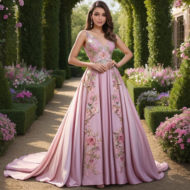 Generate a hyper-realistic image of a woman in a pastel-hued couture evening gown, with intricate floral patterns that match the vibrant flowers around her. Place her in a charming botanical garden, oozing sophistication. ((upper body)),1 girl,mrspelliipalerbos