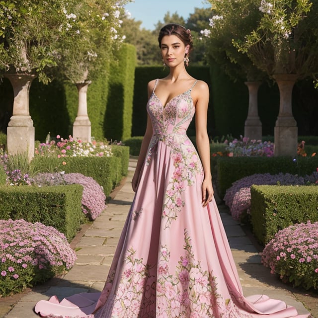 Generate a hyper-realistic image of a woman in a pastel-hued couture evening gown, with intricate floral patterns that match the vibrant flowers around her. Place her in a charming botanical garden, oozing sophistication. ((upper body)),1 girl,mrspelliipalerbos