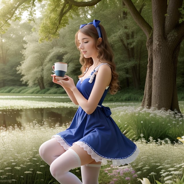 (alice in wonderland), baroque, cute, colorful fantastic, outdoors (forest), (depth of field: 1.25), (alone), (1 girl), ((golden hair)), ([messy] long hair), (hairband with bow), blue eyes, bow, maid dress (blue+white), white pantyhose, (dramatic angle: 1.2), looking to side, books, clock, teapot, [plate], coffee cup, floating, lily (flower),(dessert:1.2),flower meadows, (ultra-detailed:1.2),(illustration:1.25), ,AndreRin00