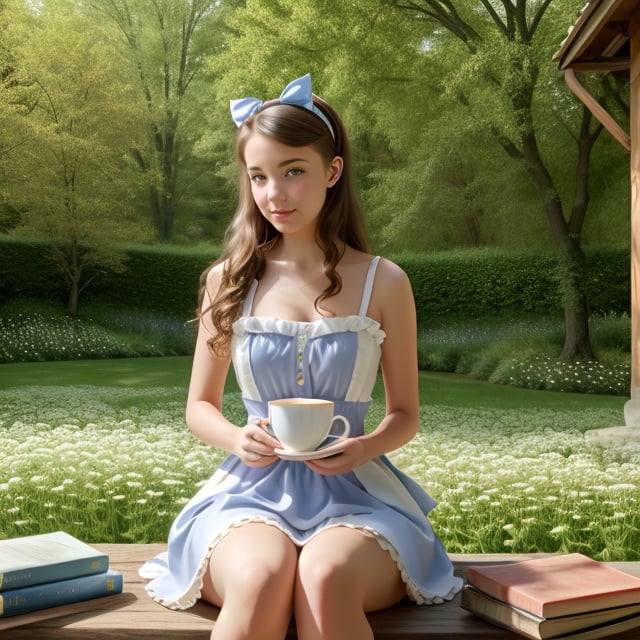 (alice in wonderland), baroque, cute, colorful fantastic, outdoors (forest), (depth of field: 1.25), (alone), (1 girl), ((golden hair)), ([messy] long hair), (hairband with bow), blue eyes, bow, maid dress (blue+white), white pantyhose, (dramatic angle: 1.2), looking to side, books, clock, teapot, [plate], coffee cup, floating, lily (flower),(dessert:1.2),flower meadows, (ultra-detailed:1.2),(illustration:1.25), ,AndreRin00