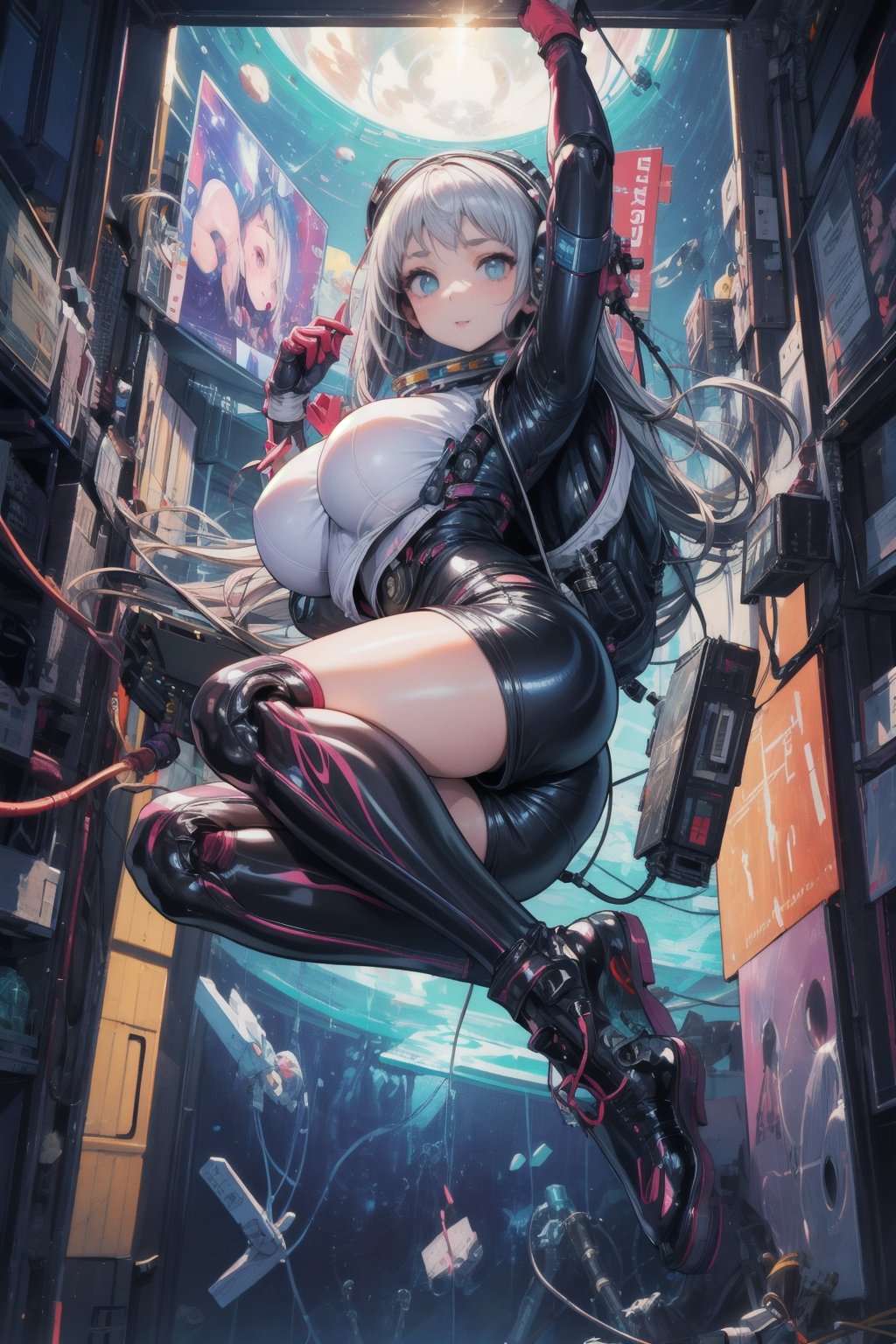 masterpiece, best quality, wide shot, from afar, looking at viewer, (full body), masterpiece, {{illustration}},  {best quality}, {{hi res}}, {{{ 1girl, source_anime, highly detailed, 1girl. alone, cyberpunk, astronaut girl, tight suit, space walk, space helmet, hair up, robotic parts, outside the space station, floating in space, off planet. }}}, masterpiece, best quality, masterpiece, perfect hands, tight shorts, thick thighs {{illustration}}, {best quality}, {{high resolution}},