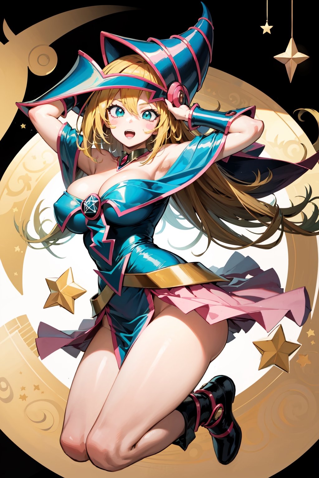 dark magician girl, masterpiece, best quality, 1girl, blonde hair, blue footwear, blue headwear, masterpiece, best quality, bouncing boobs, misaligned boobs, big milkers, motion blur, jumping, arms up, happy, huge boobs, breasts, duel monster, hat, hexagram, large breasts, long hair, looking at viewer, nail polish, open mouth, pentacle, pentagram, solo, staff, wand, wizard hat, yu-gi-oh!, girl coming out of a magic magician hat,hmdmg1, blush, command spell, magic, magic circle,blush stickers, cleavage, bare shoulders