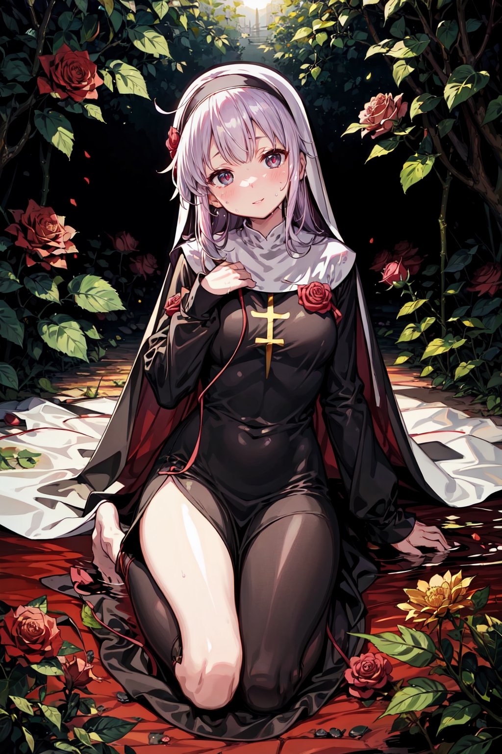 masterpiece, {{illustration}} 1 girl, full body, serene face, calm, black nun's dress, headband of red roses, poisonous roses, praying, inherited by thorny brambles, in front of rose bushes with red roses, scarlet dragon in the background in the middle of a forest. (sweaty:1.1),,