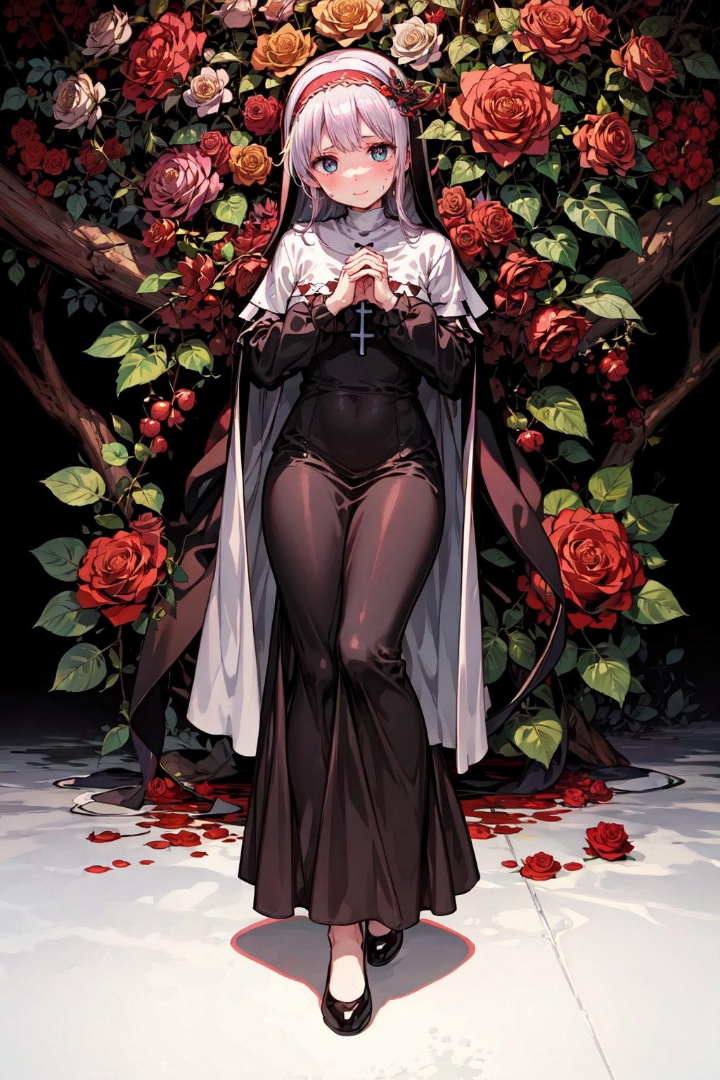 masterpiece, {{illustration}} 1 girl, full body, serene face, calm, black nun's dress, headband of red roses, poisonous roses, praying, inherited by thorny brambles, in front of rose bushes with red roses, scarlet dragon in the background in the middle of a forest. (sweaty:1.1),,