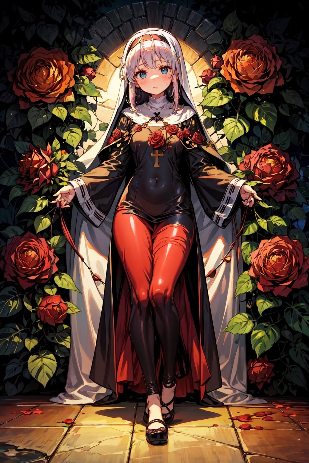 masterpiece, {{illustration}} 1 girl, full body, serene face, calm, black nun's dress, headband of red roses, poisonous roses, praying, inherited by thorny brambles, in front of rose bushes with red roses, scarlet dragon in the background in the middle of a forest. (sweaty:1.1),,