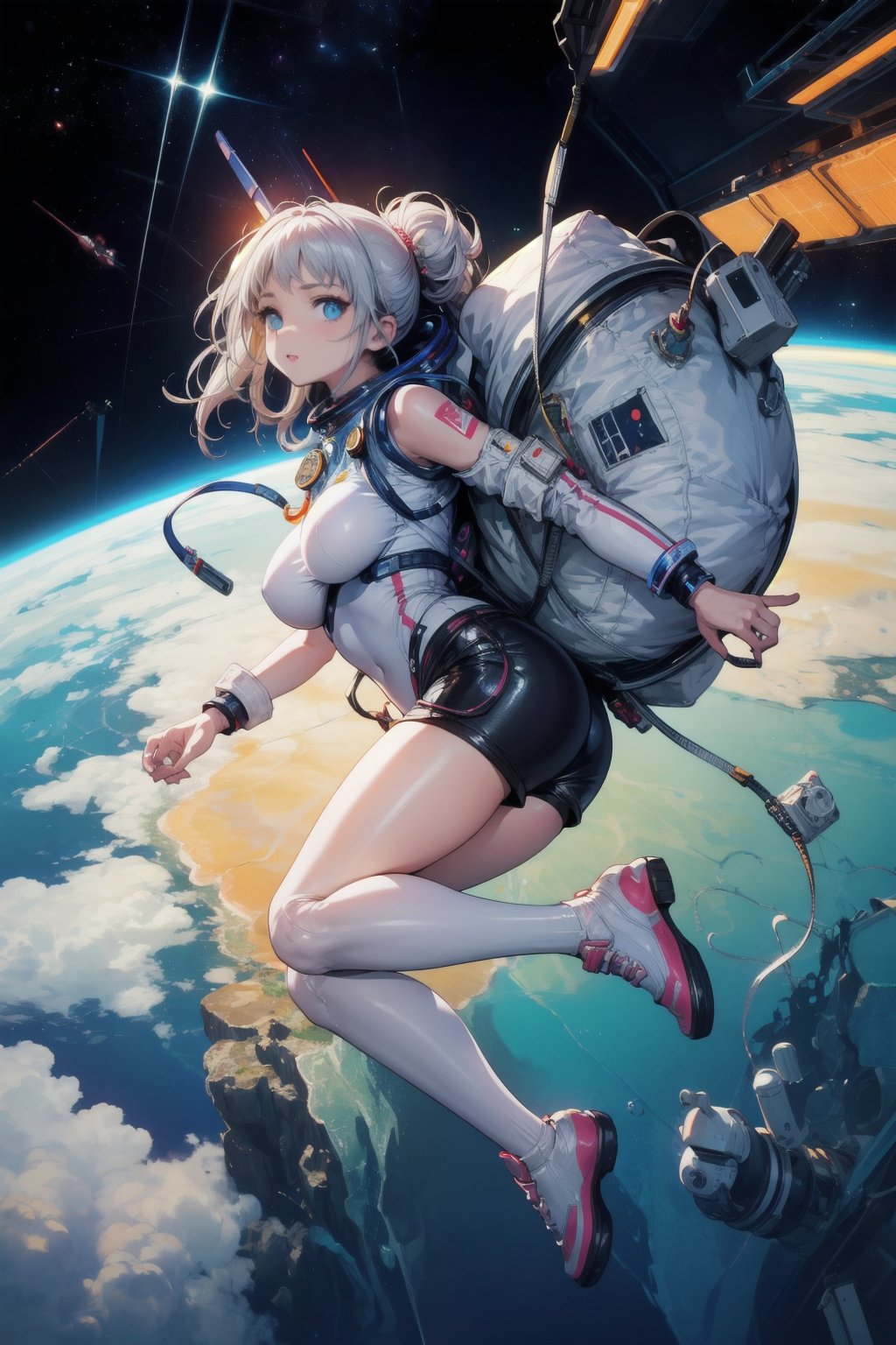 masterpiece, best quality, wide shot, from afar, looking at viewer, (full body), masterpiece, {{illustration}},  {best quality}, {{hi res}}, {{{ 1girl, source_anime, highly detailed, 1girl. alone, cyberpunk, astronaut girl, tight suit, space walk, space helmet, hair up, robotic parts, outside the space station, floating in space, off planet. }}}, masterpiece, best quality, masterpiece, perfect hands, tight shorts, thick thighs {{illustration}}, {best quality}, {{high resolution}},