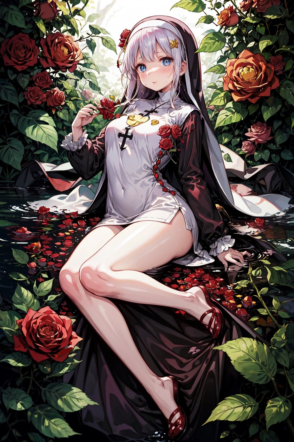 masterpiece, {{illustration}} 1 girl, full body, serene face, calm, black nun's dress, headband of red roses, poisonous roses, praying, inherited by thorny brambles, in front of rose bushes with red roses, scarlet dragon in the background in the middle of a forest. (sweaty:1.1),,