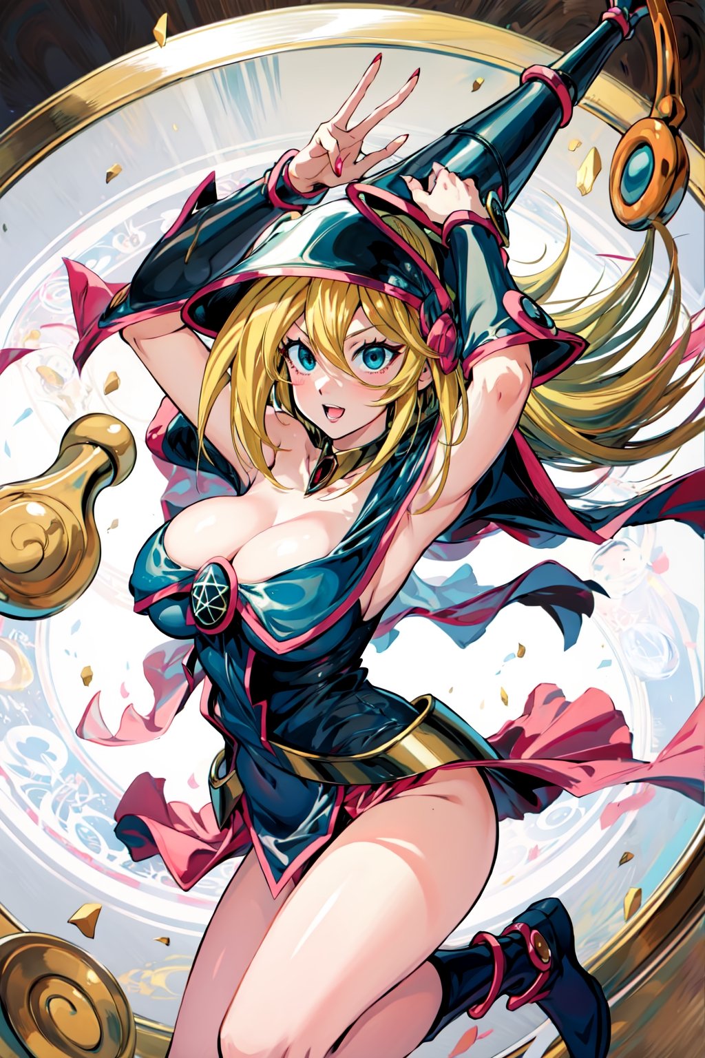 dark magician girl, masterpiece, best quality, 1girl, blonde hair, blue footwear, blue headwear, masterpiece, best quality, bouncing boobs, misaligned boobs, big milkers, motion blur, jumping, arms up, happy, huge boobs, breasts, duel monster, hat, hexagram, large breasts, long hair, looking at viewer, nail polish, open mouth, pentacle, pentagram, solo, staff, wand, wizard hat, yu-gi-oh!, girl coming out of a magic magician hat,hmdmg1, blush, command spell, magic, magic circle,blush stickers, cleavage, bare shoulders,murata yuusuke,dress