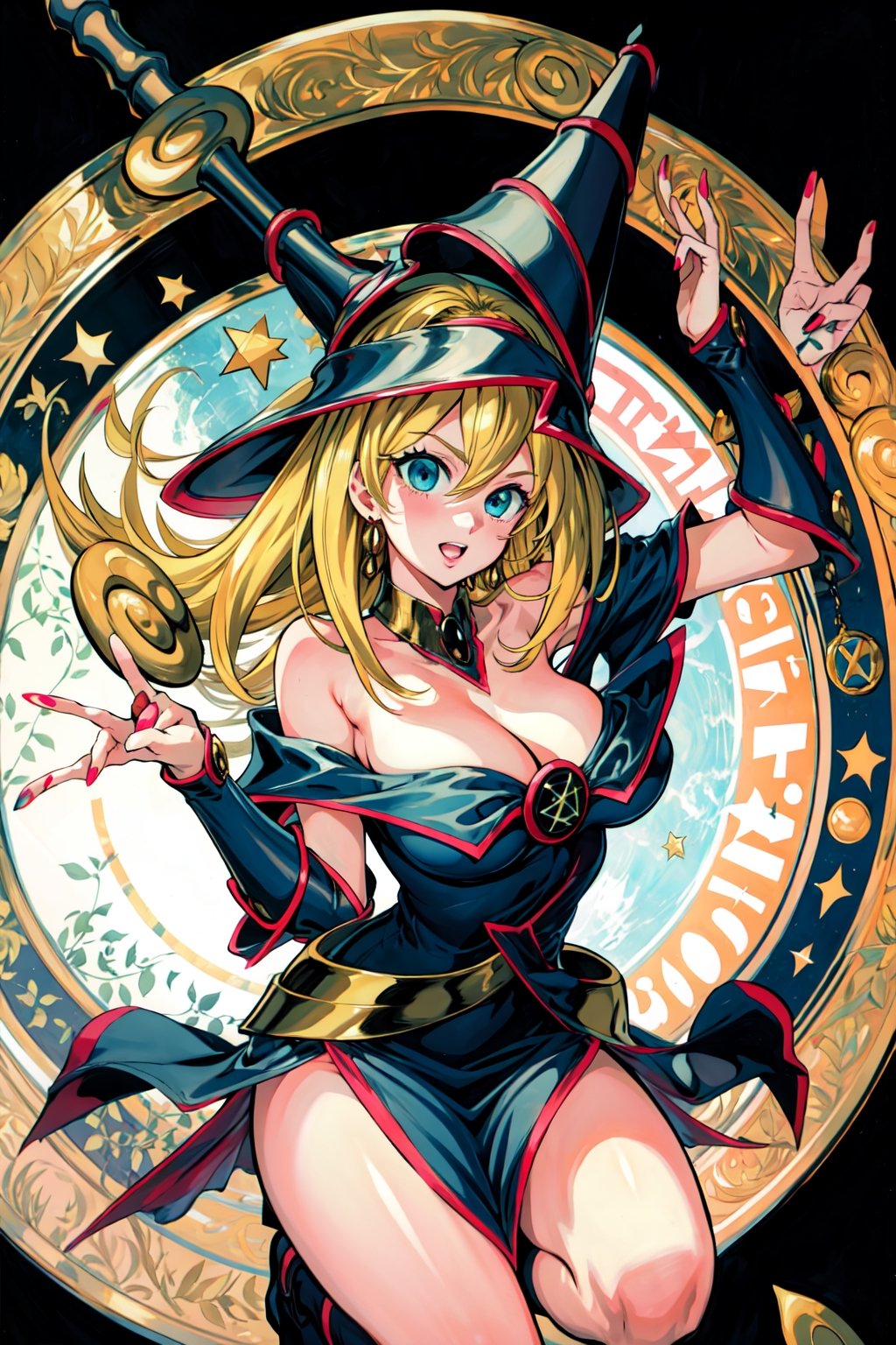 dark magician girl, masterpiece, best quality, 1girl, blonde hair, blue footwear, blue headwear, masterpiece, best quality, bouncing boobs, misaligned boobs, big milkers, motion blur, jumping, arms up, happy, huge boobs, breasts, duel monster, hat, hexagram, large breasts, long hair, looking at viewer, nail polish, open mouth, pentacle, pentagram, solo, staff, wand, wizard hat, yu-gi-oh!, girl coming out of a magic magician hat,hmdmg1, blush, command spell, magic, magic circle,blush stickers, cleavage, bare shoulders,murata yuusuke,dress