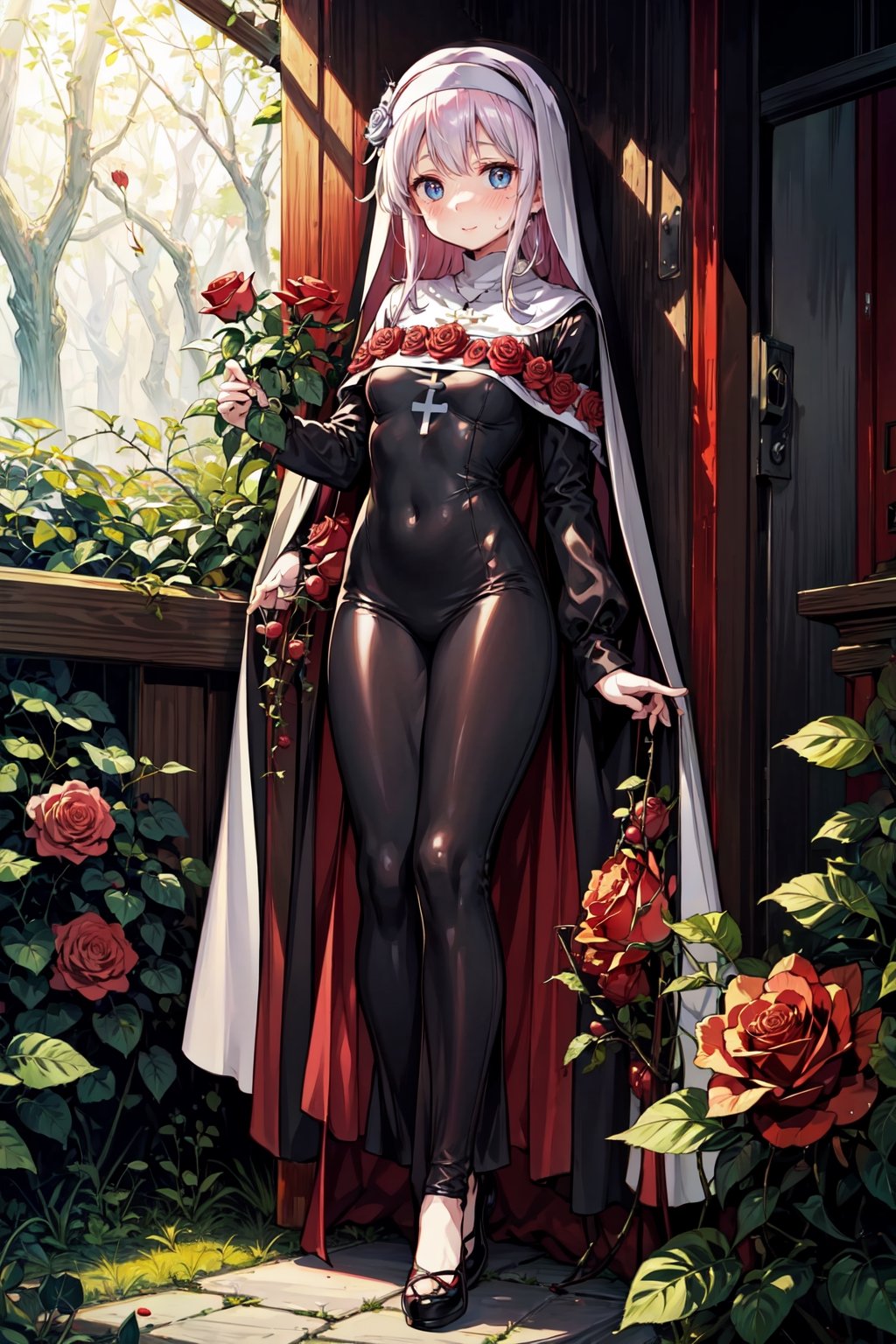 masterpiece, {{illustration}} 1 girl, full body, serene face, calm, black nun's dress, headband of red roses, poisonous roses, praying, inherited by thorny brambles, in front of rose bushes with red roses, scarlet dragon in the background in the middle of a forest. (sweaty:1.1),,