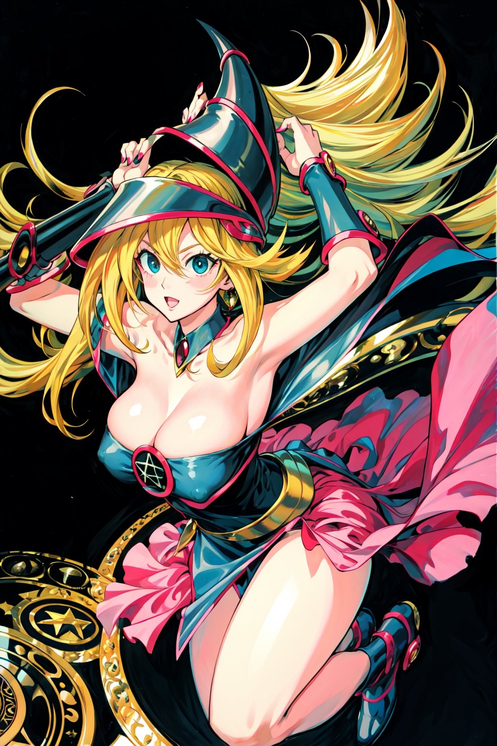 dark magician girl, masterpiece, best quality, 1girl, blonde hair, blue footwear, blue headwear, masterpiece, best quality, bouncing boobs, misaligned boobs, big milkers, motion blur, jumping, arms up, happy, huge boobs, breasts, duel monster, hat, hexagram, large breasts, long hair, looking at viewer, nail polish, open mouth, pentacle, pentagram, solo, staff, wand, wizard hat, yu-gi-oh!, girl coming out of a magic magician hat,hmdmg1, blush, command spell, magic, magic circle,blush stickers, cleavage, bare shoulders,murata yuusuke,dress