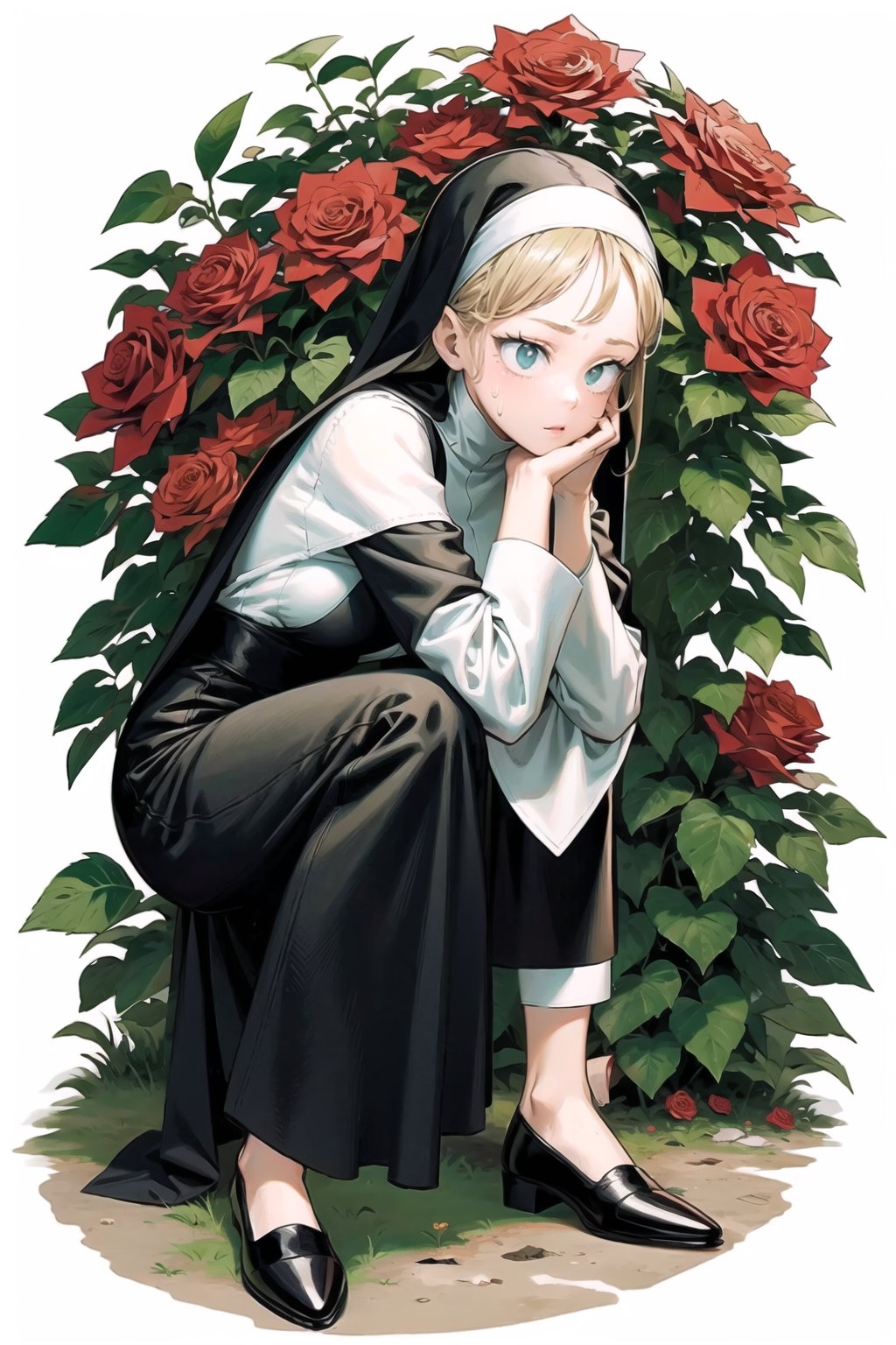 masterpiece, {{illustration}} 1 girl, full body, serene face, calm, black nun's dress, headband of red roses, poisonous roses, praying, inherited by thorny brambles, in front of rose bushes with red roses, scarlet dragon in the background in the middle of a forest. (sweaty:1.1),,