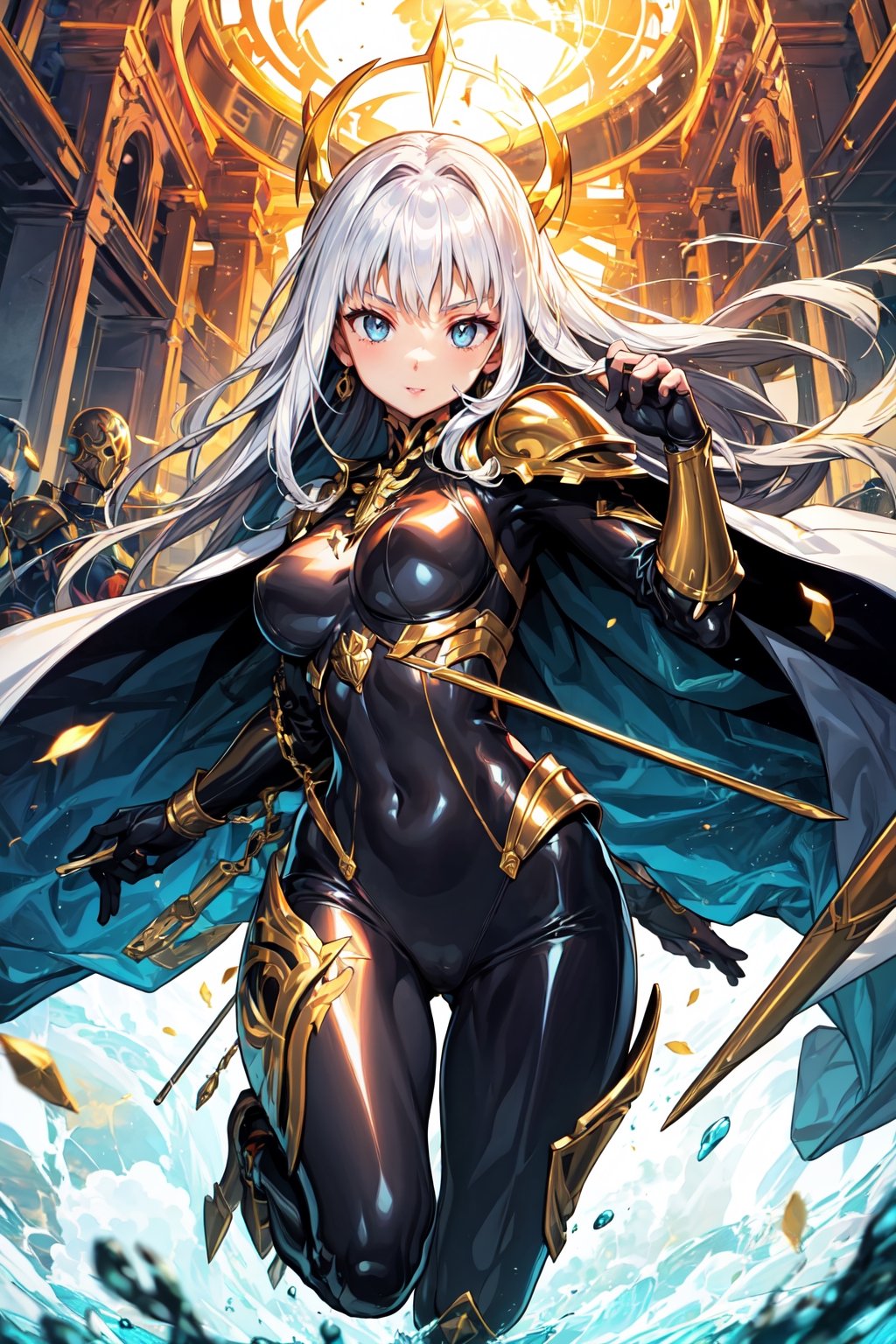 absurdres, highres, ultra detailed,Insane detail in face, ((girl:1.3)), Gold Saint, Saint Seiya Style, Gold Armor, Full body armor, no helmet, Zodiac Knights, Grey hair, fighting pose, Pokemon Gotcha Style, gold gloves, long hair, white long cape, messy_hair, Gold eyes, black pants under armor, full body armor, beautiful old greek temple in the background, beautiful fields, insane detail full leg armor, god aura, sagittarius armor, Elysium fields, ready for battle,FUJI,midjourney, insane detail in armor, ,Film(/FUJI/), (army, crowd of soldiers) swords