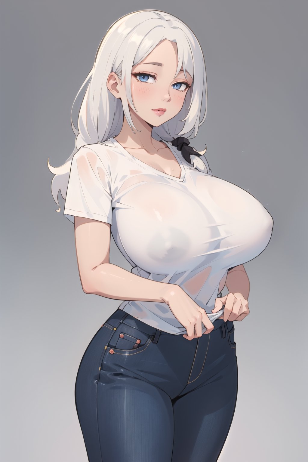 ((Best quality, masterpiec)), solo, 1girl   , big lips,  white hair, long hair, blue eyes, yellow oversized camisole, jeans, big breasts, standing,  (mature female:1.5), Balsamique,SAM YANG, beautiful, uzakitsuki,  basic_background,High detailed ,milfication