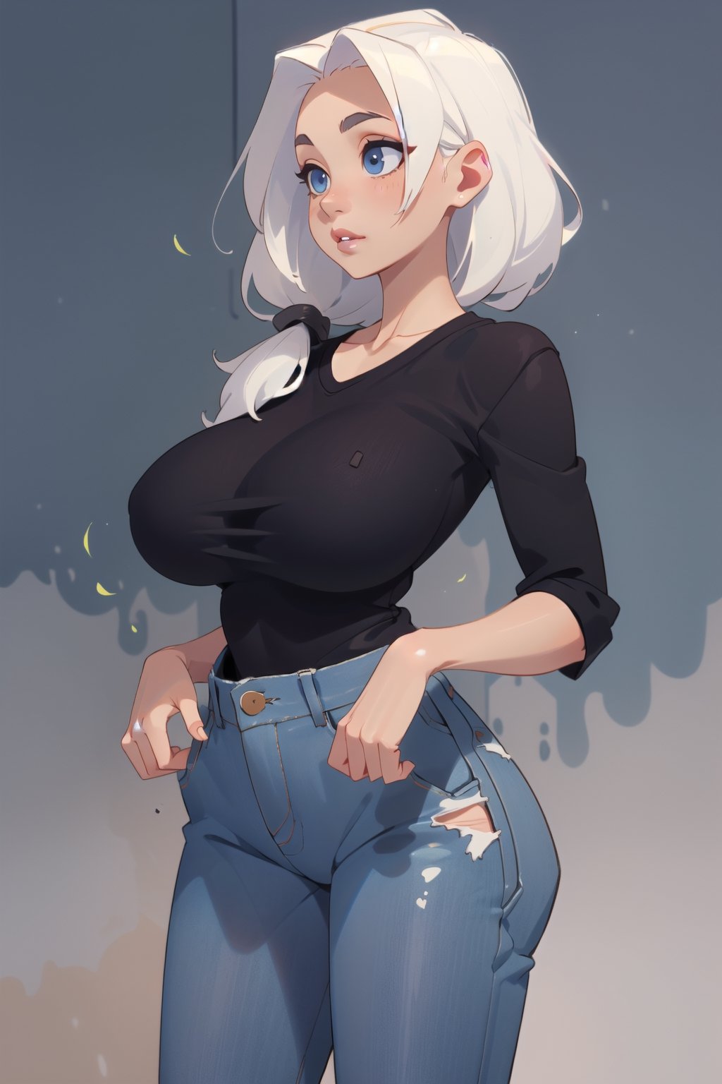 ((Best quality, masterpiec)), solo, 1girl   , big lips,  white hair, long hair, blue eyes, yellow oversized camisole, jeans, big breasts, standing,  (mature female:1.5), Balsamique,SAM YANG, beautiful, uzakitsuki,  basic_background,High detailed ,milfication,Gugu