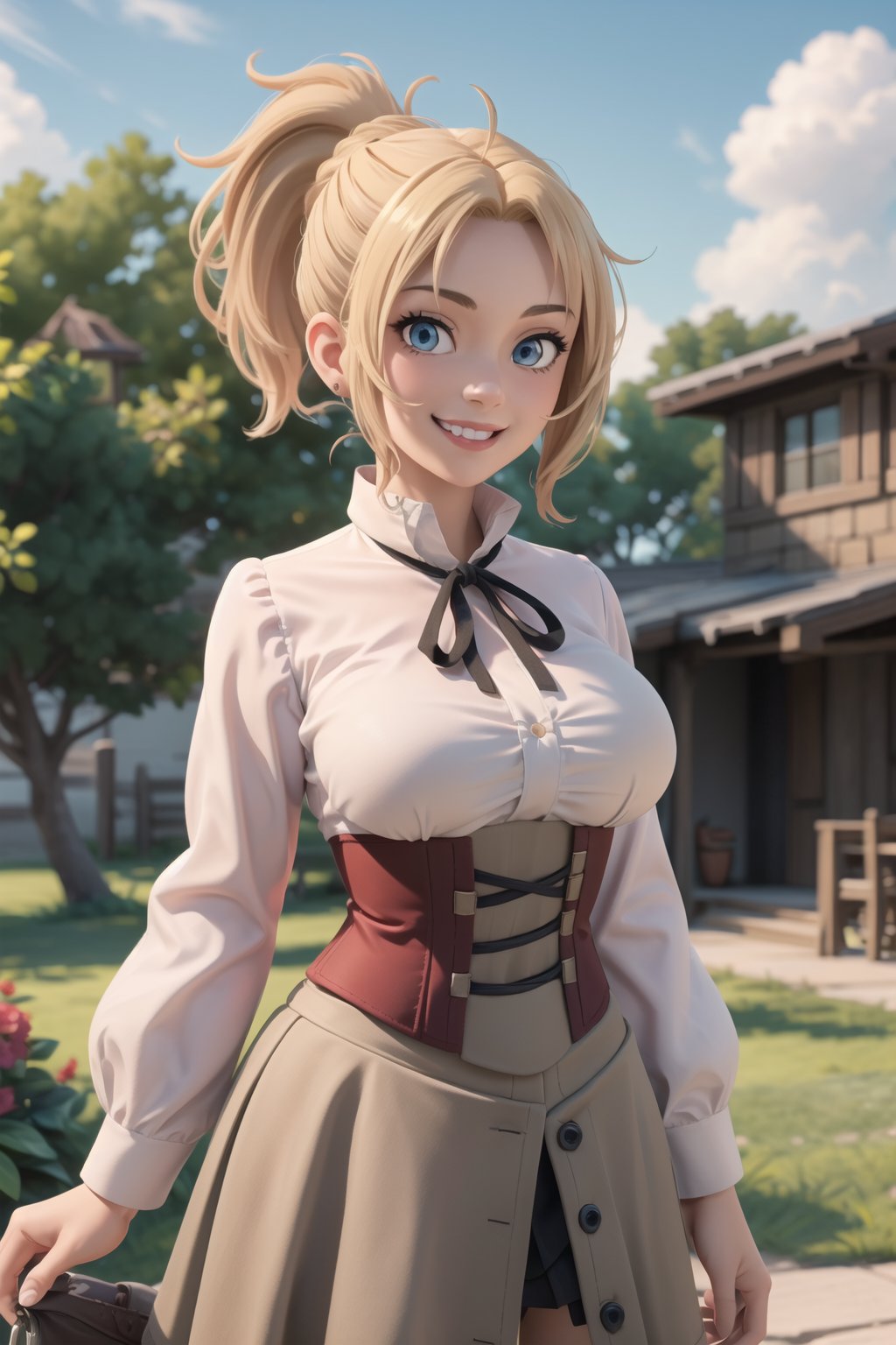 best quality, masterpiece, 1girl, (solo:1.1), raytracing, ultra detailed,detailed face, 8k wallpaper, (wide hips:1.1), , ZenithGreyratNDV, 1girl, blonde hair, blue eyes, (large breasts), medium hair, ponytail, bangs, ribbon, collared shirt, , mature female, outdoor, red shirt, brown skirt, corset, smile