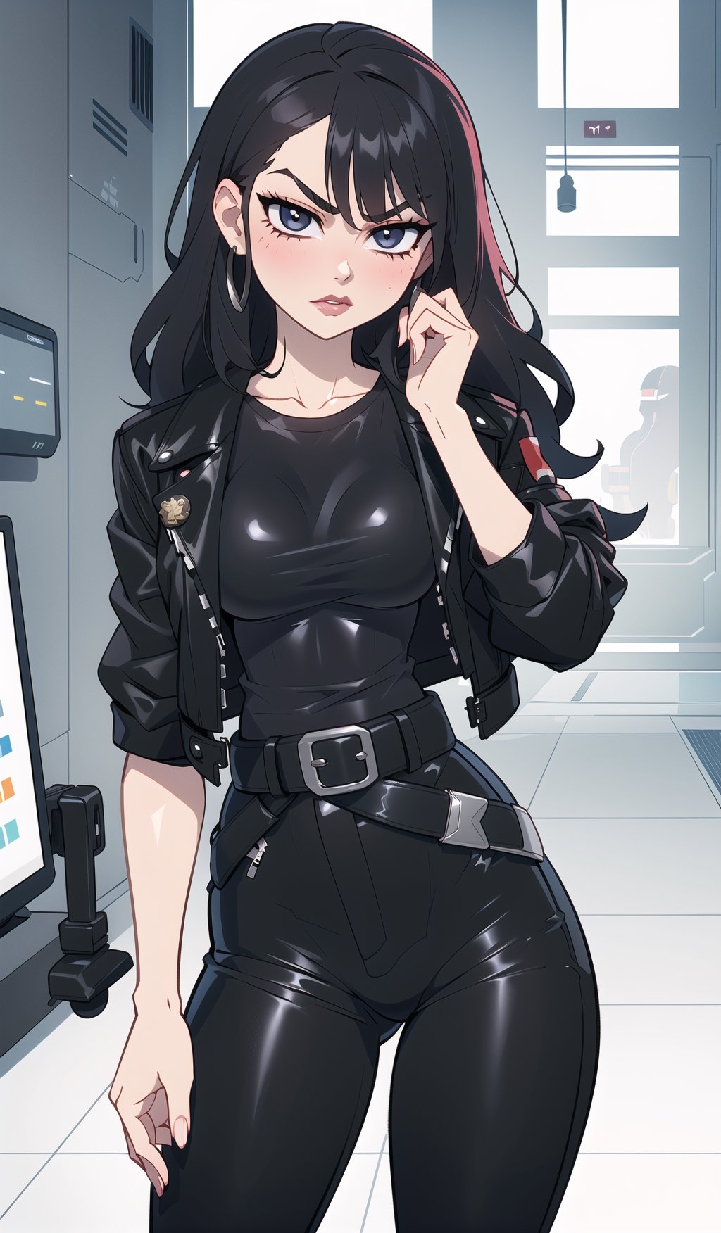 ((Best quality, masterpiec)), solo, 1girl , black wavy hair, long hair, pale skin, serious, ( black leather jacket, black T-shirt, belt, black pants), medium breasts, wide hip, wide waists,  (mature female:1.3), Balsamique,SAM YANG, beautiful,Cartoon,