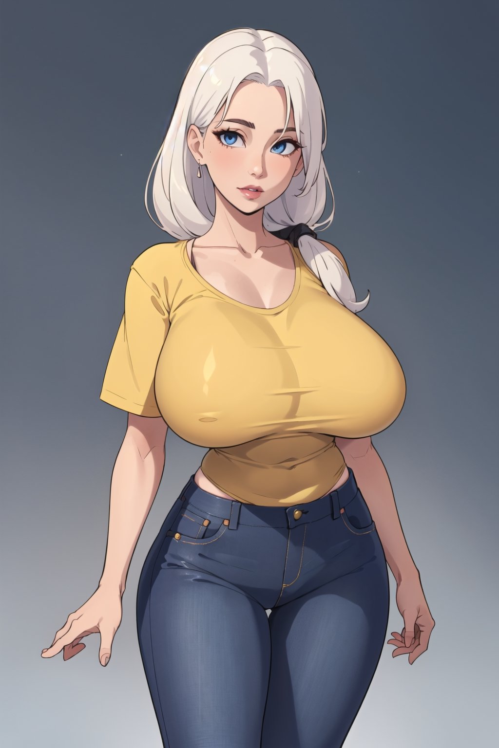 ((Best quality, masterpiec)), solo, 1girl   , big lips,  white hair, long hair, blue eyes, yellow oversized camisole, jeans, big breasts, standing,  (mature female:1.5), Balsamique,SAM YANG, beautiful, uzakitsuki,  basic_background,High detailed ,milfication,Gugu