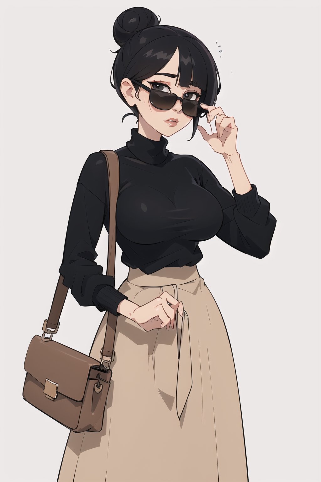 ((Best quality,  masterpiec)),  (mature female:1.5),  solo,  1female,  black hair,  bun, long bangs,  sunglasses, eexpressionles,  black sweater, very long beige skirt, bag,  medium breasts,  looking at viewer,  milfication, simple_background