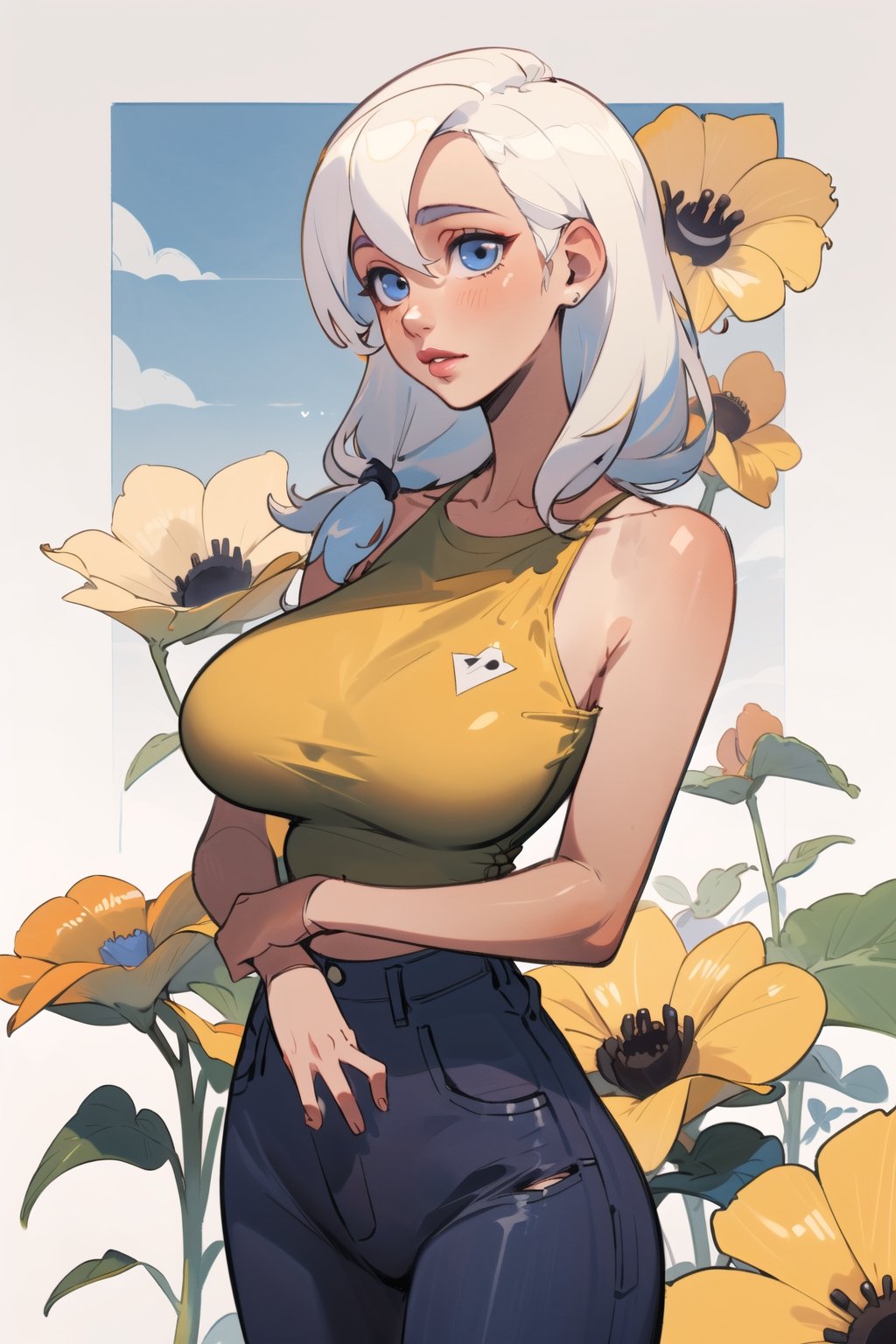 ((Best quality, masterpiec)), solo, 1girl   , big lips,  white hair, long hair, blue eyes, yellow oversized camisole, jeans, big breasts, standing,  (mature female:1.5), Balsamique,SAM YANG, beautiful, uzakitsuki,  basic_background,High detailed ,milfication,Gugu,(best quality