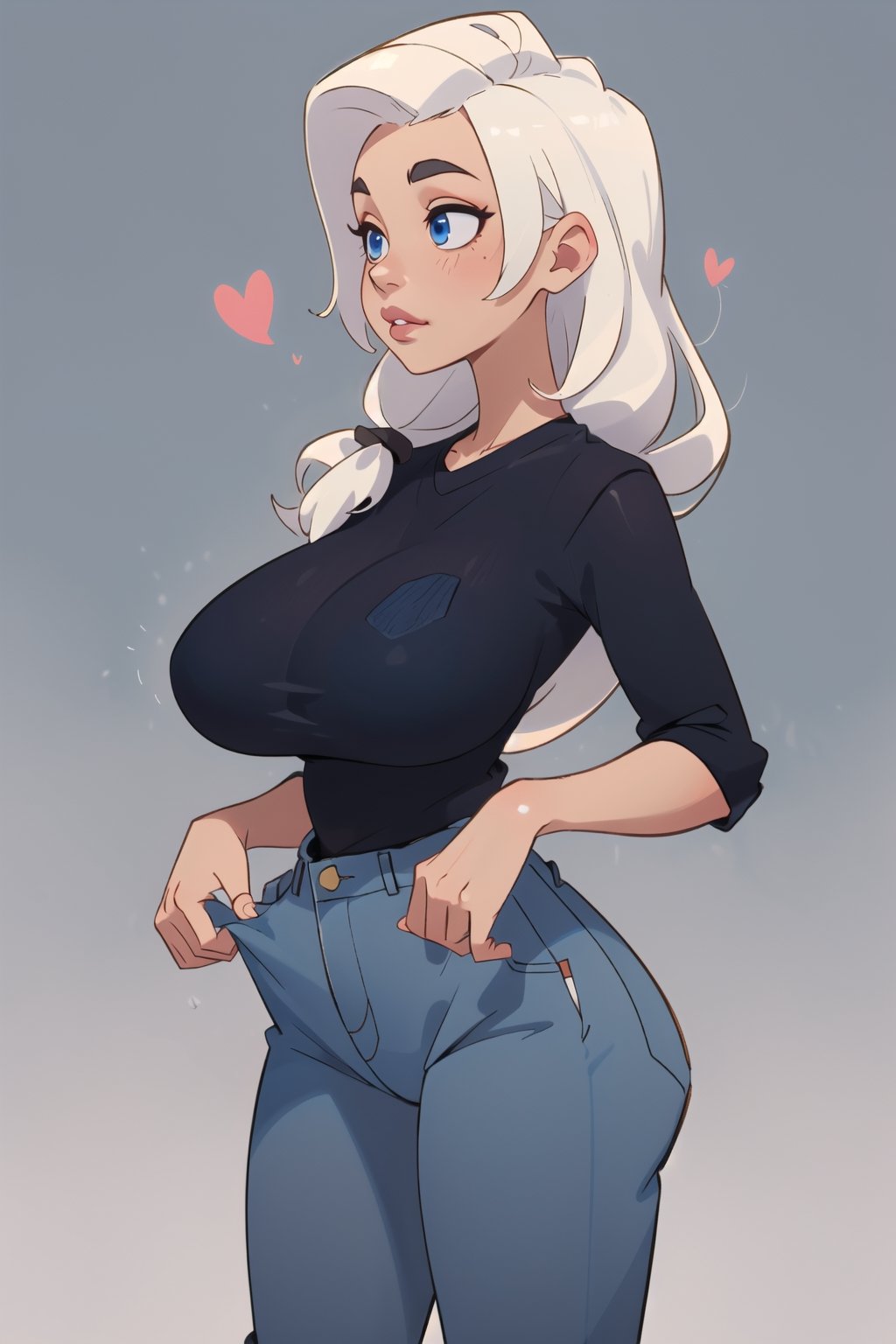 ((Best quality, masterpiec)), solo, 1girl   , big lips,  white hair, long hair, blue eyes, yellow oversized camisole, jeans, big breasts, standing,  (mature female:1.5), Balsamique,SAM YANG, beautiful, uzakitsuki,  basic_background,High detailed ,milfication,Gugu