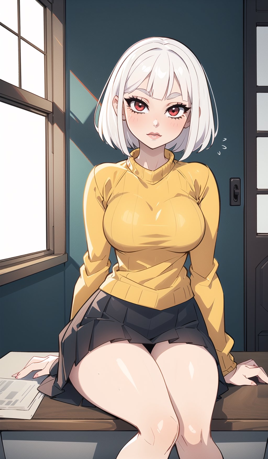 ((Best quality, masterpiec)), solo, 1girl , white hair, bobg haircut, pale skin, red eyes, (yellow V-sweater, shirt, skirt, sit on desk),  (mature female:1.3), Balsamique,SAM YANG, beautiful,Cartoon,Alice Nakiri