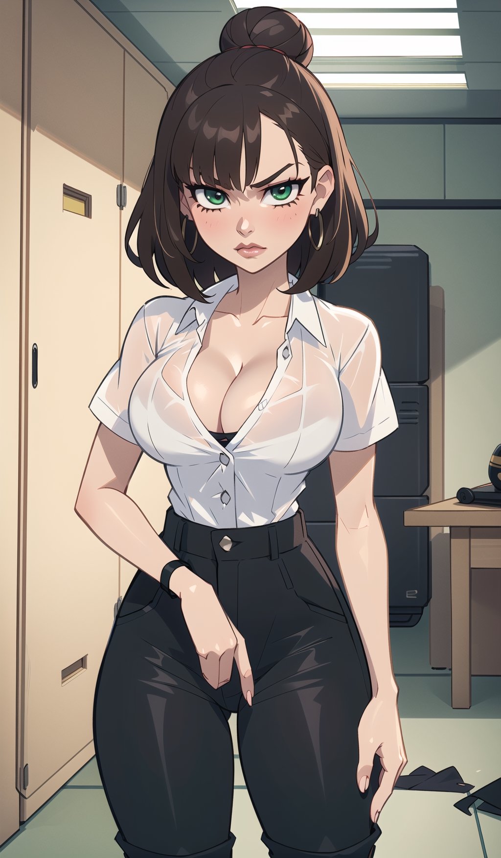 ((Best quality, masterpiec)), solo, 1girl , brunette, bun hair,  serious, brown skin, green eyes, (fringe, shirt, short_sleeves, black pants, cleavage), medium breasts,  (mature female:1.6), Balsamique,SAM YANG, beautiful,Cartoon,uzakitsuki