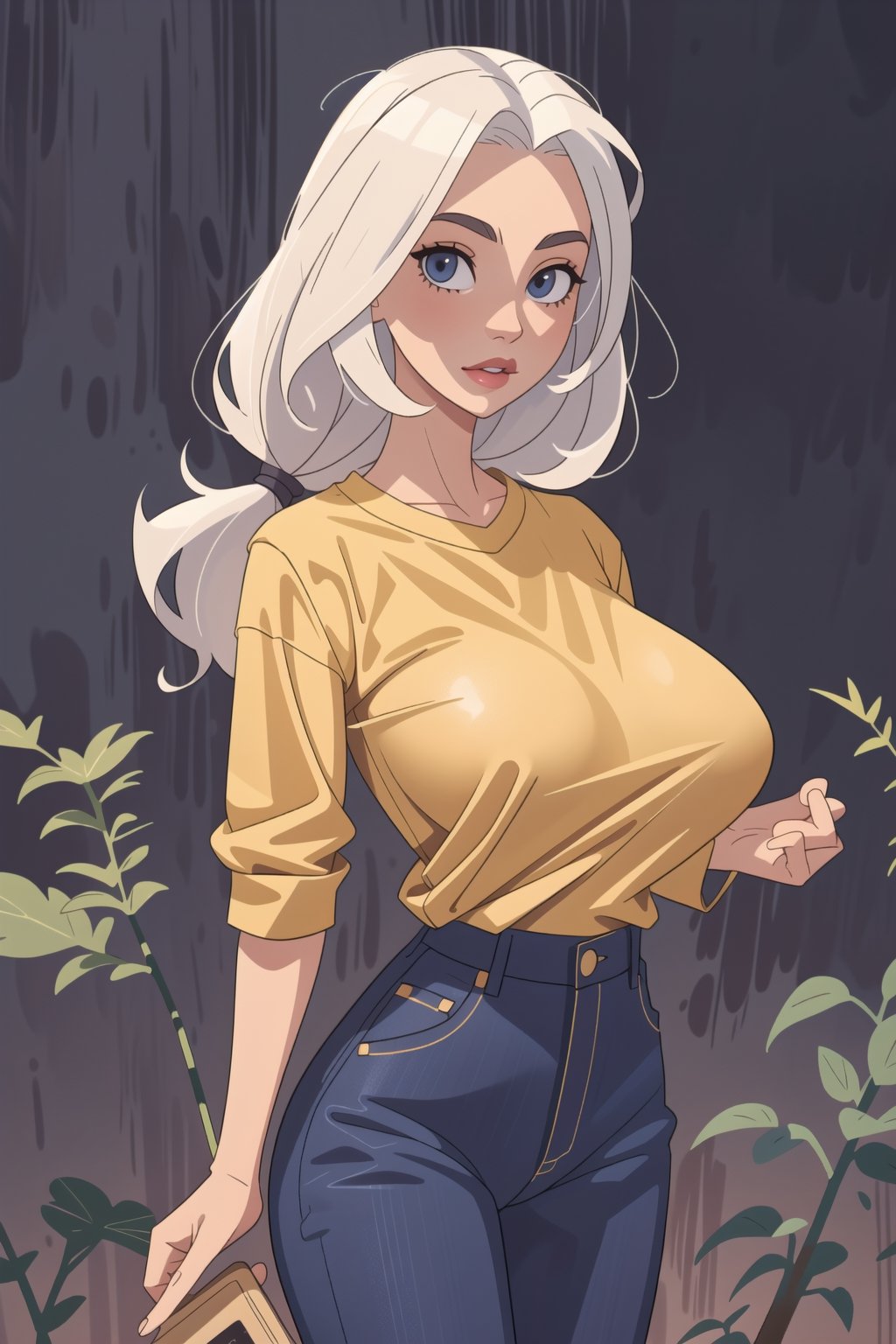 ((Best quality, masterpiec)), solo, 1girl   , big lips,  white hair, long hair, blue eyes, yellow oversized camisole, jeans, big breasts, standing,  (mature female:1.5), Balsamique,SAM YANG, beautiful, uzakitsuki,  basic_background,High detailed ,milfication,Gugu,<lora:659111690174031528:1.0>