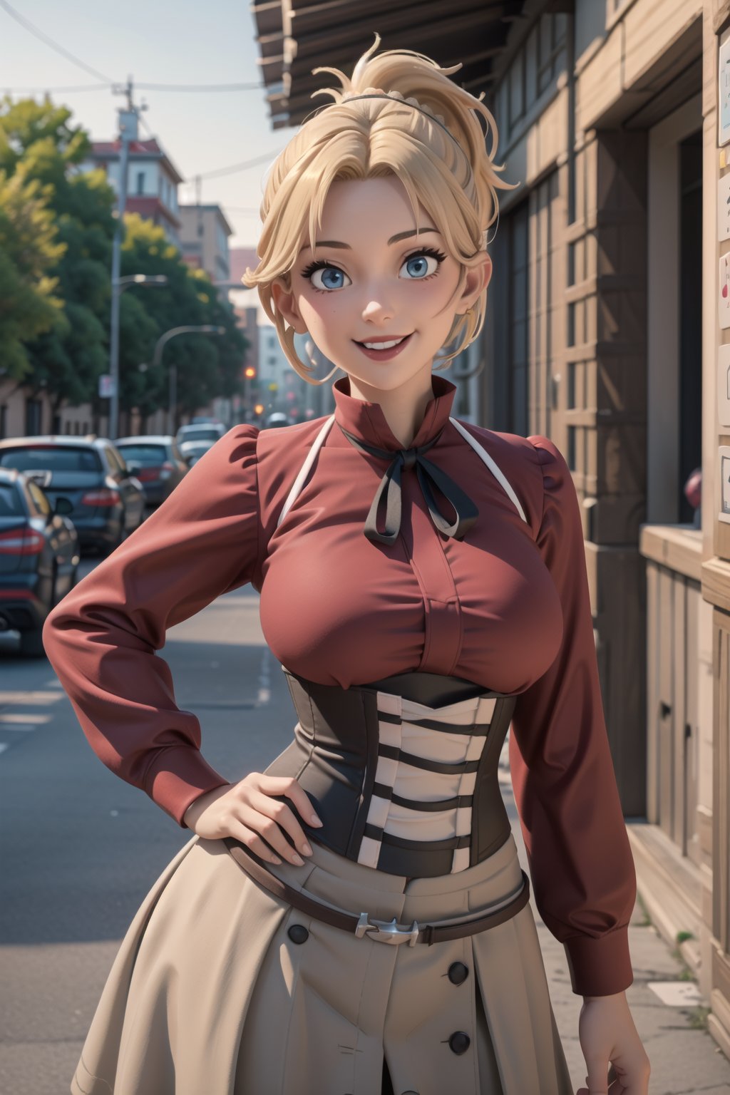 best quality, masterpiece, 1girl, (solo:1.1), raytracing, ultra detailed,detailed face, 8k wallpaper, (wide hips:1.1), , ZenithGreyratNDV, 1girl, blonde hair, blue eyes, (big breasts:1), medium hair, ponytail, bangs, ribbon, collared shirt, , mature female, outdoor, red shirt, brown skirt, corset, smile