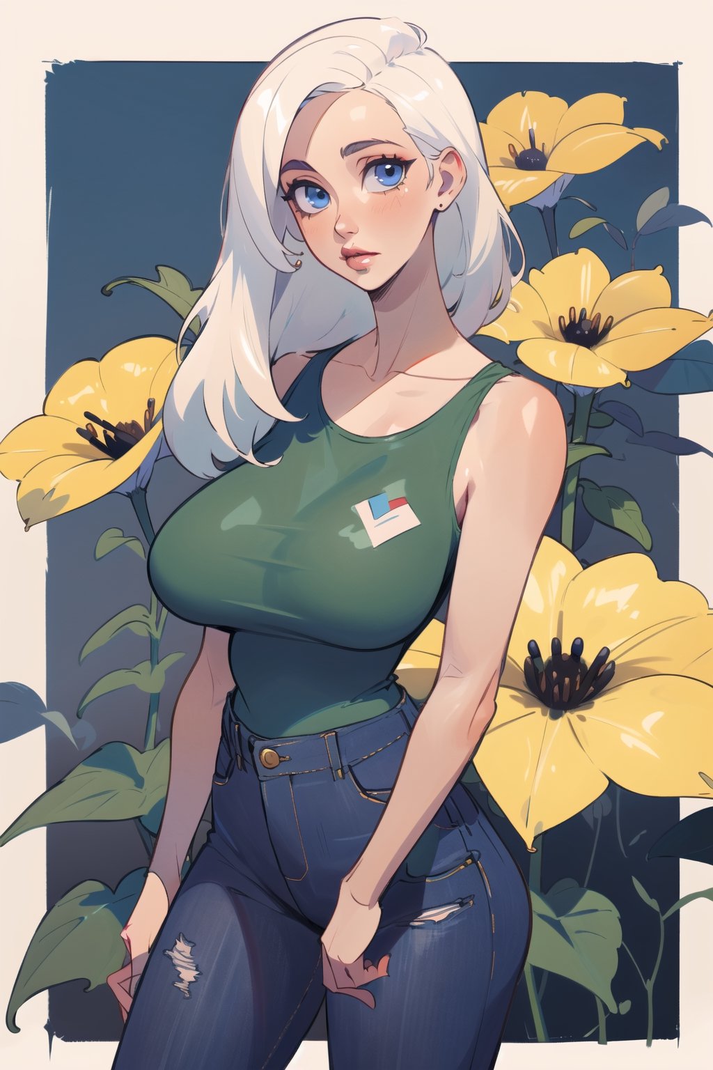 ((Best quality, masterpiec)), solo, 1girl   , big lips,  white hair, long hair, blue eyes, yellow oversized camisole, jeans, big breasts, standing,  (mature female:1.5), Balsamique,SAM YANG, beautiful, uzakitsuki,  basic_background,High detailed ,milfication,Gugu,(best quality