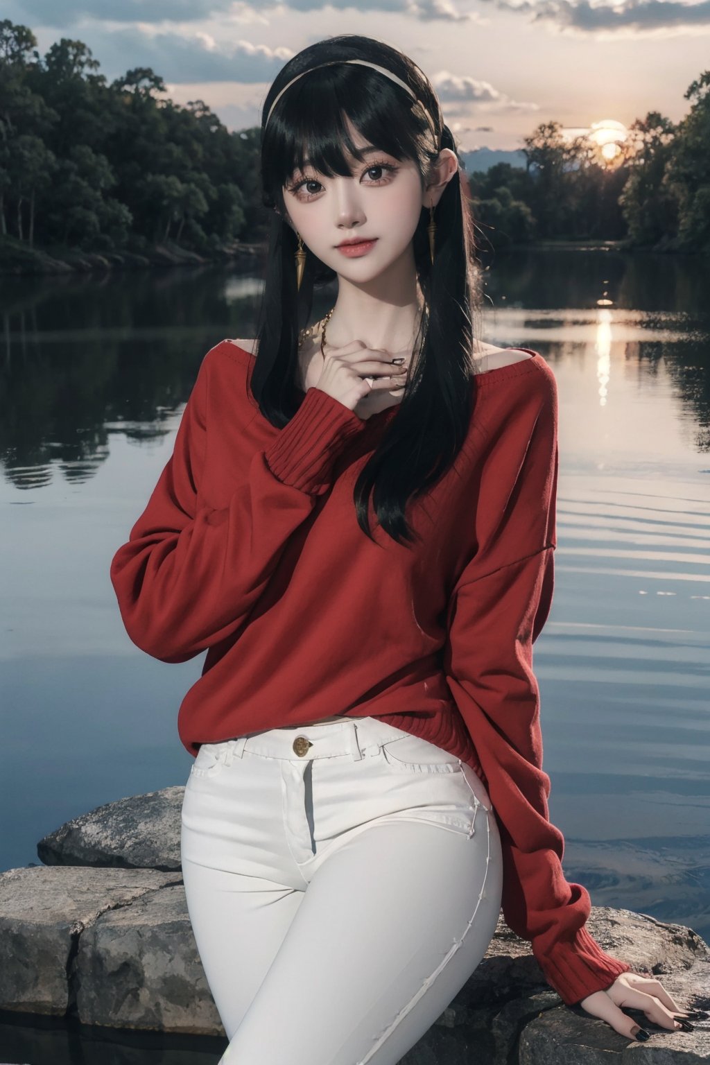 1girl, (masterpice), best quality, high quality, high detail, perfect body, beautiful body, long hair, white bincha, earrings, jewerly, ((black pants)), black nails, red sweater, nature, water, lake, beautiful, sunset, 