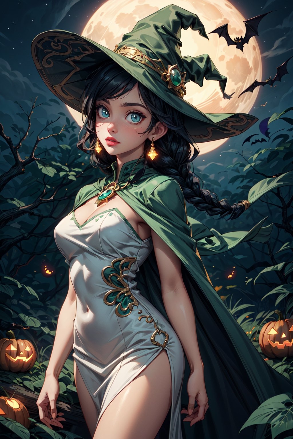 royal, princess, crown, atmospheric scene, masterpiece, best quality (detailed face, detailed skin texture, ultra detailed body), (cinematic light: 1.1), r0seb7rne-smf, extremely detailed CG, unity 8k wallpaper, ultra detailed, very detailed |


1girl, long black hair, two braids, witch hat, black hat with green details, gold lipstick, emerald green eyes, glowing eyes, magical eyes, golden fire on the left eye, detailed eyes, light up eyes, eyelashes, expression of pleasure on the face, smile, magical forest, fireflies, distant town, skeletons, owl, owl, bats, halloween, Jack-o-lanterns illuminating a winding path as a background, white dress with gold details, long dress, sexy dress, neckline dress, green cape, ojas cape, green nails, white skin, shiny skin, oiled skin, floating magic symbols, full moon, night sky, night, clear sky, full moon, moonlight, blue color atmosphere , fog,tttattoo,