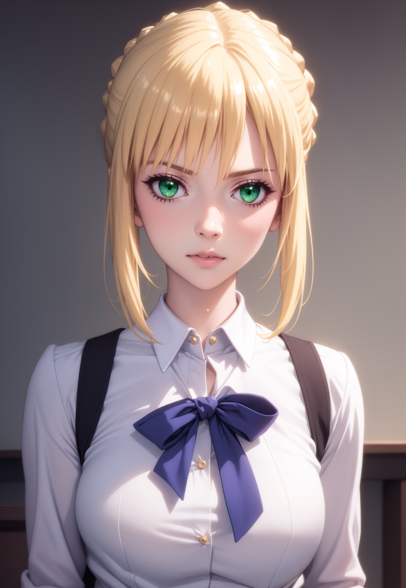 Artoria Pendragon, green eyes, blond hair, school uniform, 1girl,