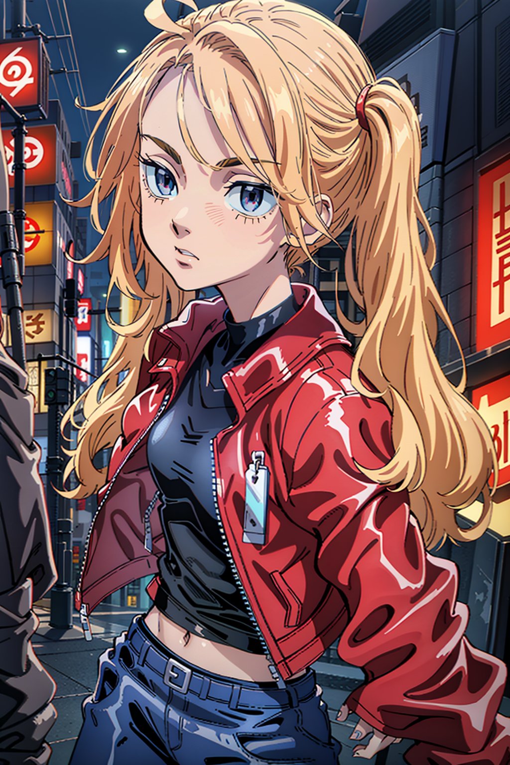 1 girl, blonde hair, two pigtails, blue eyes,red leather jacket, white t-shirt, jeans, black boots, solo, (medium_shot:1.4),(masterpiece:1.4(bestquality:1.4),(extremely_beautiful_detailed_anime_face_and_eyes:1.4),an extremely delicate and beautiful,Watercolor, Ink, epic, tokyo cyberpunk night,