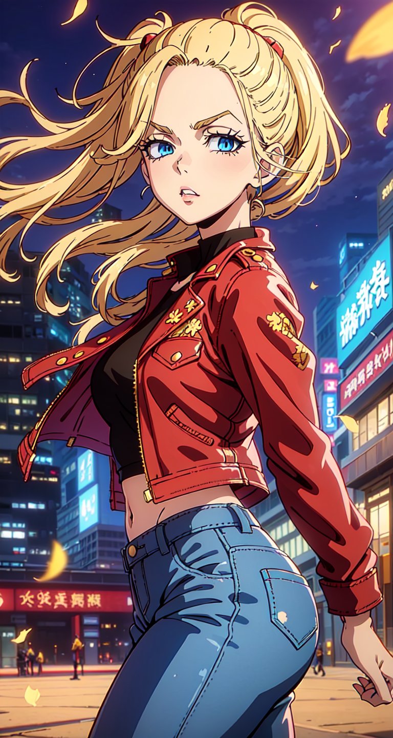 (Masterpiece, Best Quality:1.3), absurdres,(Ultra-detailed portrait), 2d, Traditional Media, NinjaScroll, official art, centered, wide shot, 1 girl, blonde hair, two pigtails, blue eyes,red leather jacket, white t-shirt, jeans, black boots, solo,(looking at viewer), detailed eyes, close up:0.2, (full angle view), relaxed pose, perfect face, eye contact, focus face, lips:0.5, standing, dynamic, beautiful, cinematic, sharp focus, (Details:1.2), (depth of field), ((wind blowing)), yellow petals, scenery, fireflies:0.1, night sky, nature, (night, dark:1.3), [electricity],highly detailed, film grain:0.6, (shiny), intricate design, 85mm, east asian architecture, east asian architecture, building, ((volumetric lighting)), high contrast:0.3, glowing:0.7, 90's anime style, extremely detailed background, (sharp focus), thick lineart, ,retro artstyle,traditional media,ninjascroll,trgirl,