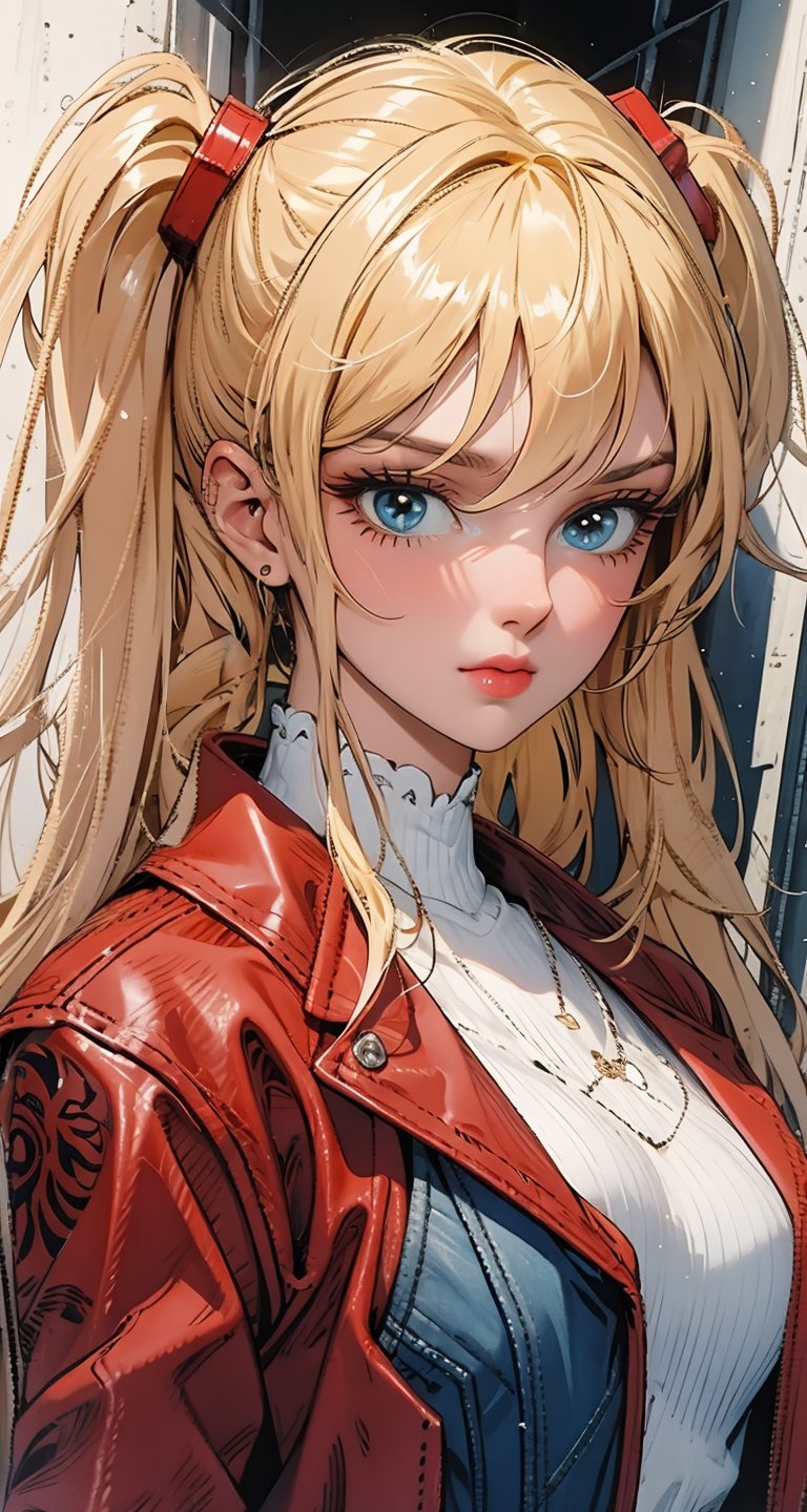 1 girl, blonde hair, two pigtails, blue eyes,red leather jacket, white t-shirt, jeans, black boots, solo, (medium_shot:1.4),(masterpiece:1.4(bestquality:1.4),(extremely_beautiful_detailed_anime_face_and_eyes:1.4),an extremely delicate and beautiful,Watercolor, Ink, epic, tokyo cyberpunk night,