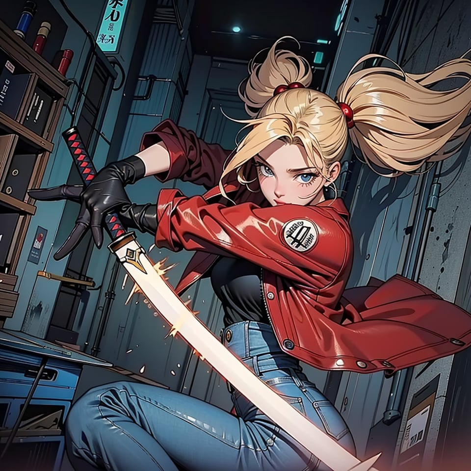 1 girl, blonde hair, two pigtails, blue eyes,red leather jacket, white t-shirt, jeans, black boots, solo, (medium_shot:1.4),(masterpiece:1.4(bestquality:1.4),(extremely_beautiful_detailed_anime_face_and_eyes:1.4),an extremely delicate and beautiful,Watercolor, Ink, epic, street tokyo cyberpunk night,katana,