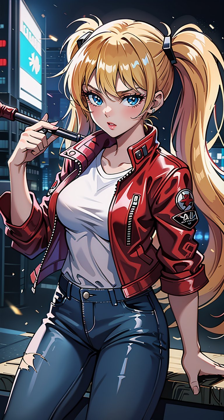 1 girl, blonde hair, two pigtails, blue eyes,red leather jacket, white t-shirt, jeans, black boots, solo, (medium_shot:1.4),(masterpiece:1.4(bestquality:1.4),(extremely_beautiful_detailed_anime_face_and_eyes:1.4),an extremely delicate and beautiful,Watercolor, Ink, epic, tokyo cyberpunk night,