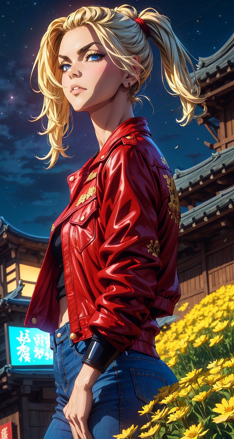 (Masterpiece, Best Quality:1.3), absurdres,(Ultra-detailed portrait), 2d, Traditional Media, NinjaScroll, official art, centered, wide shot, 1 girl, blonde hair, two pigtails, blue eyes,red leather jacket, white t-shirt, jeans, black boots, solo,(looking at viewer), detailed eyes, close up:0.2, (full angle view), relaxed pose, perfect face, eye contact, focus face, lips:0.5, standing, dynamic, beautiful, cinematic, sharp focus, (Details:1.2), (depth of field), ((wind blowing)), yellow petals, scenery, fireflies:0.1, night sky, nature, (night, dark:1.3), [electricity],highly detailed, film grain:0.6, (shiny), intricate design, 85mm, east asian architecture, east asian architecture, building, ((volumetric lighting)), high contrast:0.3, glowing:0.7, 90's anime style, extremely detailed background, (sharp focus), thick lineart, ,retro artstyle,traditional media,ninjascroll,trgirl,