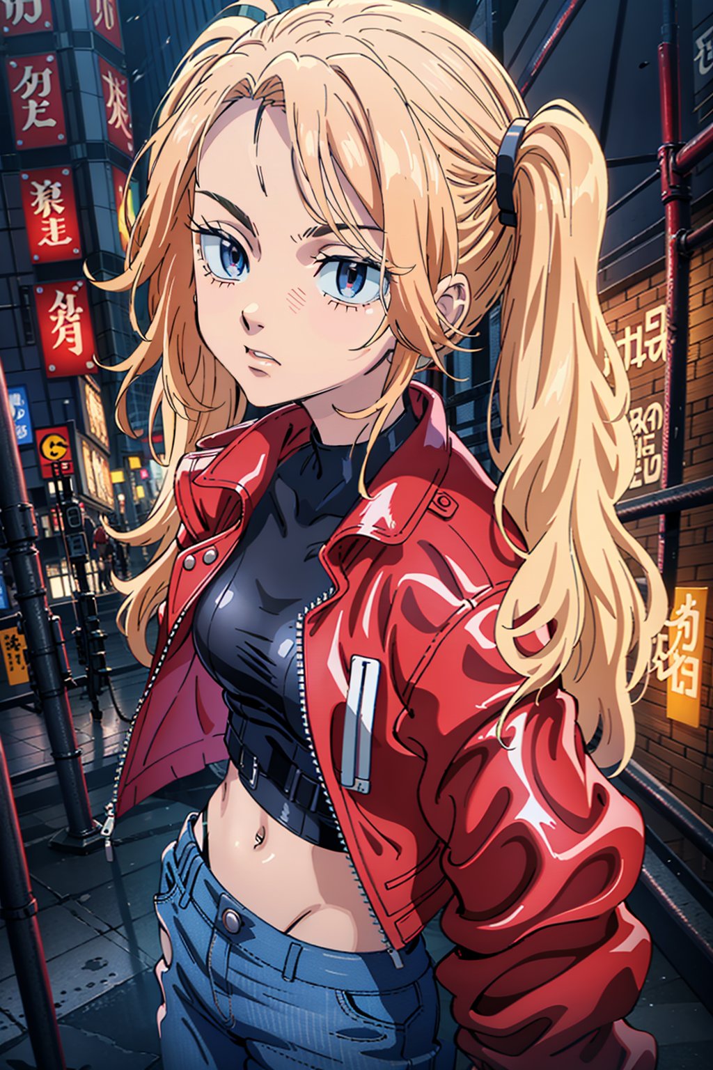 1 girl, blonde hair, two pigtails, blue eyes,red leather jacket, white t-shirt, jeans, black boots, solo, (medium_shot:1.4),(masterpiece:1.4(bestquality:1.4),(extremely_beautiful_detailed_anime_face_and_eyes:1.4),an extremely delicate and beautiful,Watercolor, Ink, epic, tokyo cyberpunk night,