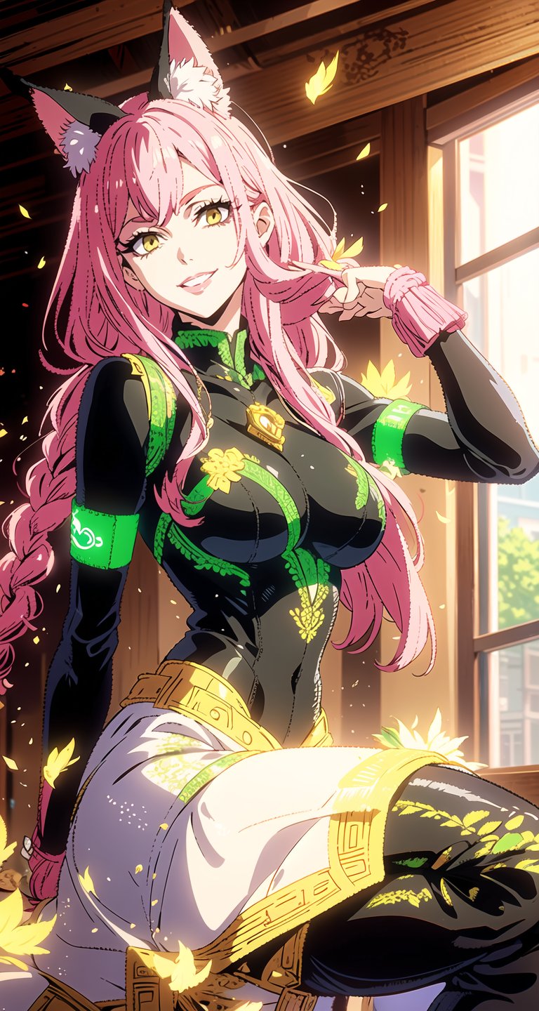 (Masterpiece, Best Quality:1.3), absurdres,(Ultra-detailed portrait), 2d, Traditional Media, NinjaScroll, official art, centered, wide shot, Portrait of the beautiful Lopadex, athletic, green lantern dress:1.2, pink hair:1.2, yellow eyes:1.2, pink cat ears:1.2, white leather boots, white leather gloves, smiling,braids,make up,, solo,(looking at viewer), detailed eyes, close up:0.2, (full angle view), relaxed pose, perfect face, eye contact, focus face, lips:0.5, standing, dynamic, beautiful, cinematic, sharp focus, (Details:1.2), (depth of field), ((wind blowing)), yellow petals, scenery, fireflies:0.1, night sky, nature, (night, dark:1.3), [electricity],highly detailed, film grain:0.6, (shiny), intricate design, 85mm, east asian architecture, east asian architecture, building, ((volumetric lighting)), high contrast:0.3, glowing:0.7, 90's anime style, extremely detailed background, (sharp focus), thick lineart, ,retro artstyle,traditional media,ninjascroll,trgirl,AgoonGirl