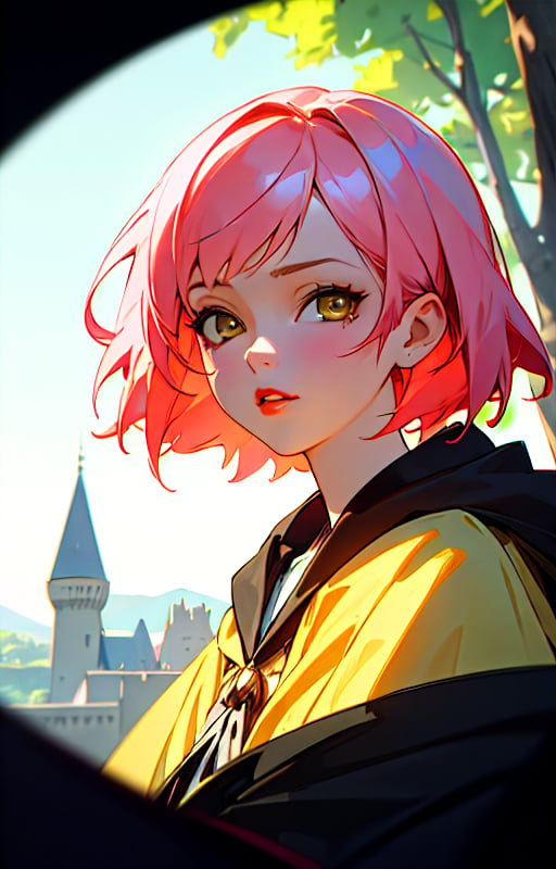 1girl, short pink hair,(hufflepuff House Cloak),( inner cloak yellow:1), (outer cloack black:1),yellow eyes, looking at viewer, solo, upper body,(masterpiece:1.4),(best quality:1.4),red lips,parted lips, exterior forest and mountains, castle,hogwarts castle:1,dramatic shadows,extremely_beautiful_detailed_anime_face_and_eyes,an extremely delicate and beautiful,dynamic angle, cinematic camera, dynamic pose,depth of field,chromatic aberration,anime,3DMM