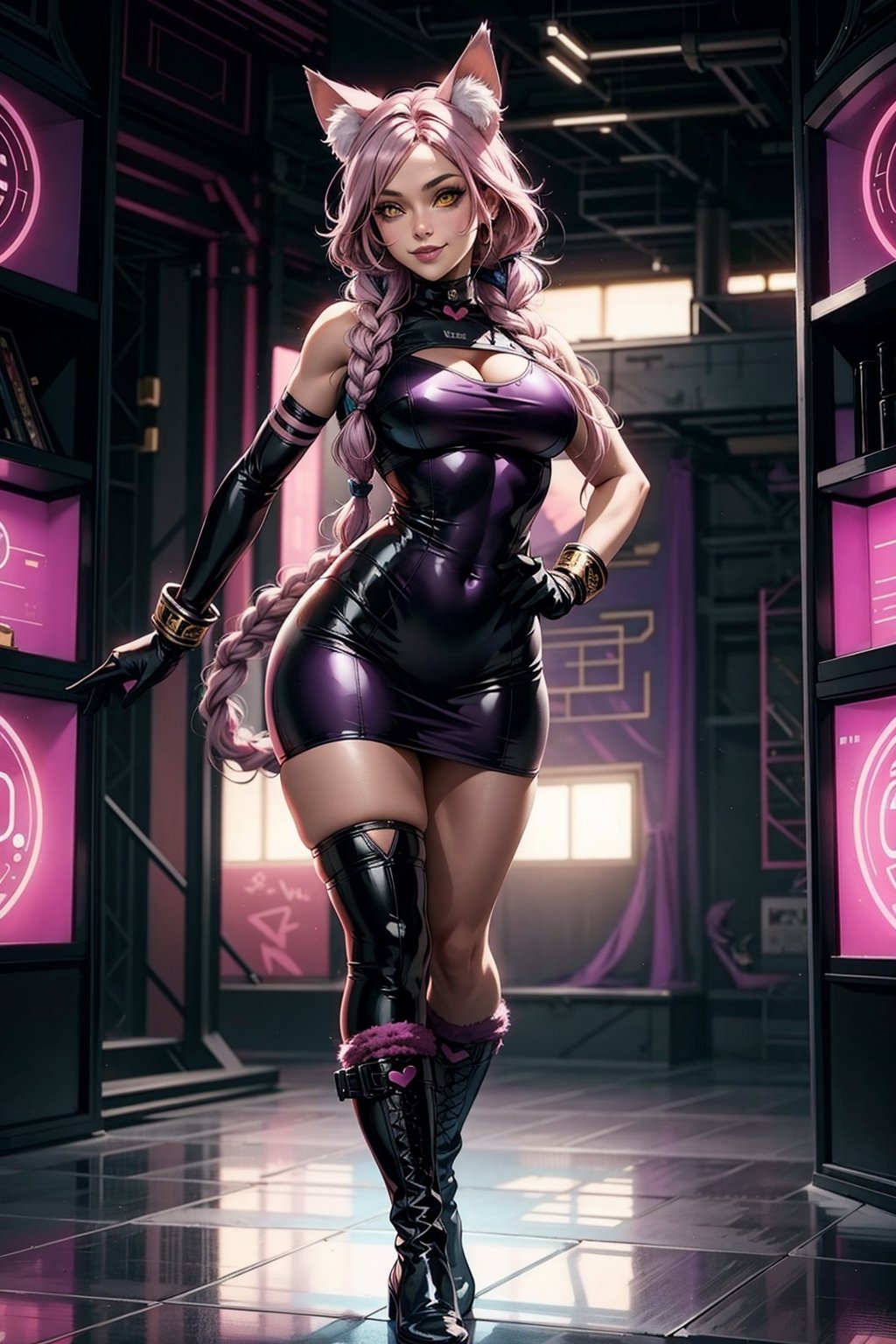 1girl,  athletic, purple dress:1.2, pink hair:1.2, yellow eyes:1.2, pink cat ears:1.2, black leather boots, black leather gloves, smiling,braids,make up,voluminous lighting, Best Quality, Masterpiece, intricate details, tonemapping, sharp-focus, hyper detailed, Trending on ArtStation, manga,(full_body:1.4)