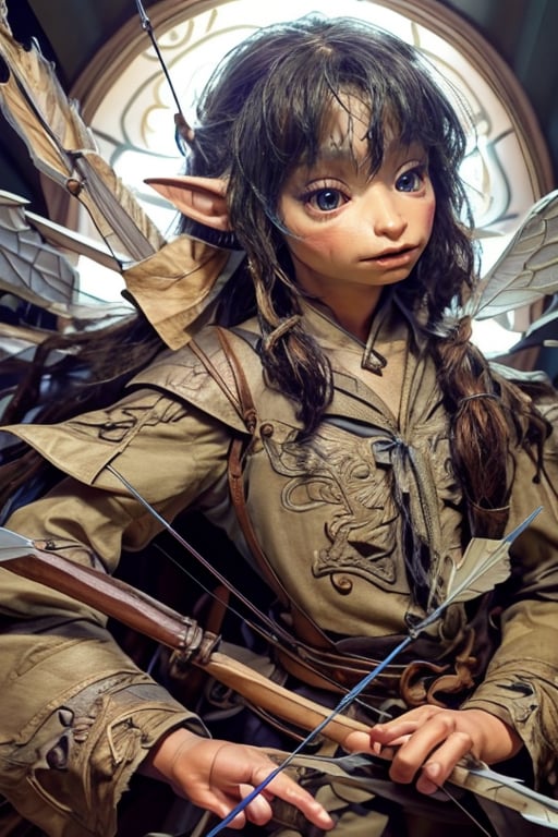 ((Female )),(real),(masterpiece:1.4), (best qualit:1.4), (high resolution:1.4),young, cowboy shot,archer gelfling, archer, fairy wings,quiver with arrows, arrow in hand,dramatic shadows, dynamic angle, cinematic camera, dynamic pose, dramatic angle, depth of field,  chromatic aberration, interior,,dynamic pose, adventure,photorealistic,analog,realism,gelfling